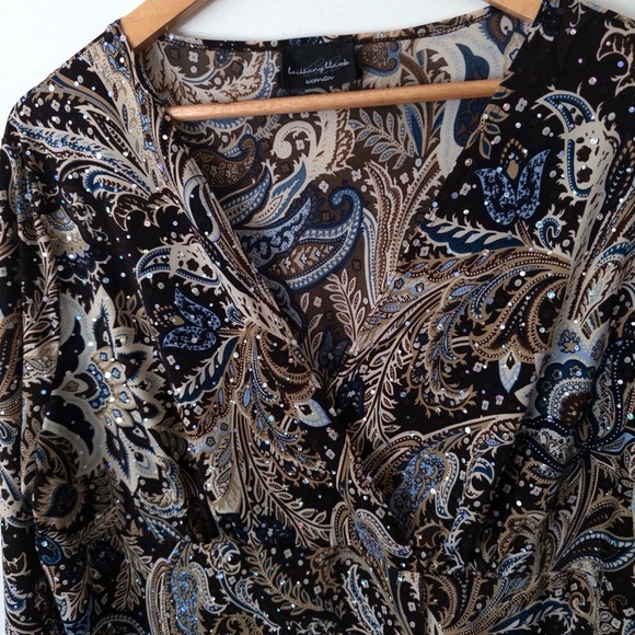 VTG Y2K Paisley Sequin Wrap Top Womens 1X Fairy Boho Glam Brown Asymmetrical - Picture 2 of 9